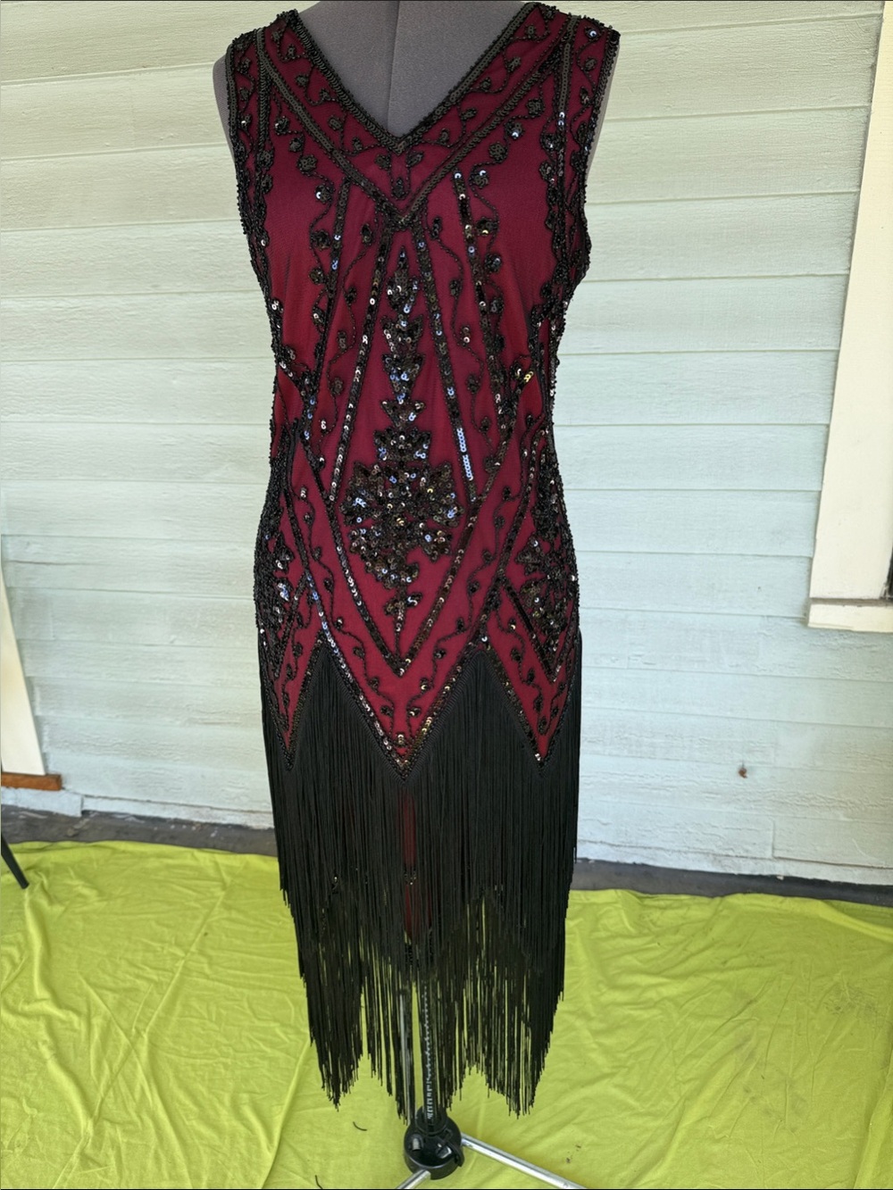 Fringed Beaded Burgundy Midi Dress with Black Embellishment